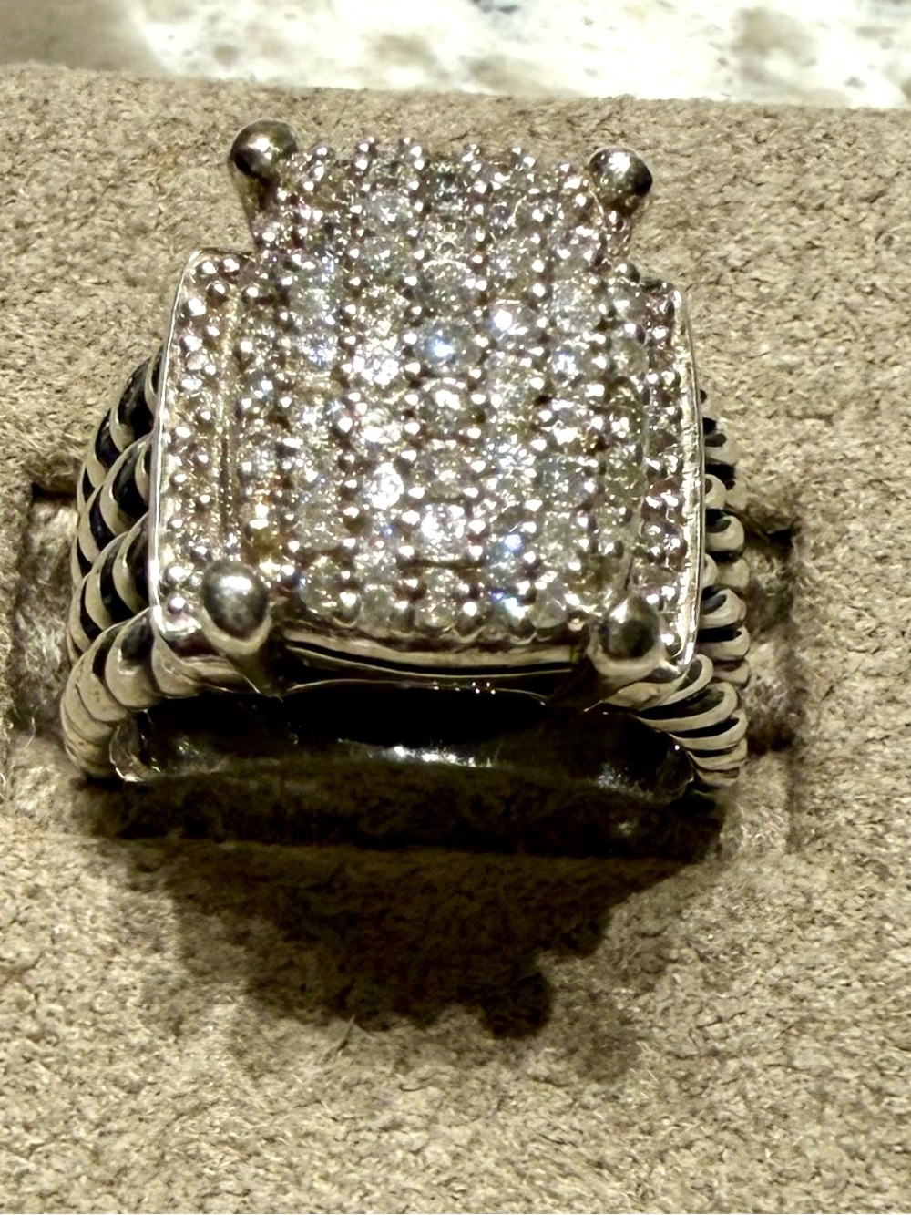 David Yurman Sterling Silver Pave Square Ring with Cable Band